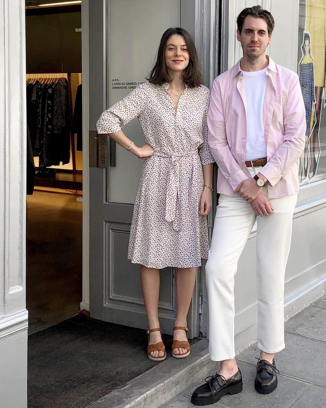 アーペーセーさんのインスタグラム写真 - (アーペーセーInstagram)「A.P.C. rue Vieille du Temple store staff in Paris. Victoire on the left is wearing the Oleson dress with the Judith sandals. Aurélien on the right is wearing the Jimmy t-shirt with the Atelier shirt, the Richard jeans in off white, the Paris belt and the Vadim shoes.  The Spring/Summer collection is available in stores and at apc.fr - #APC #Paris #Staff」6月28日 21時49分 - apc_paris