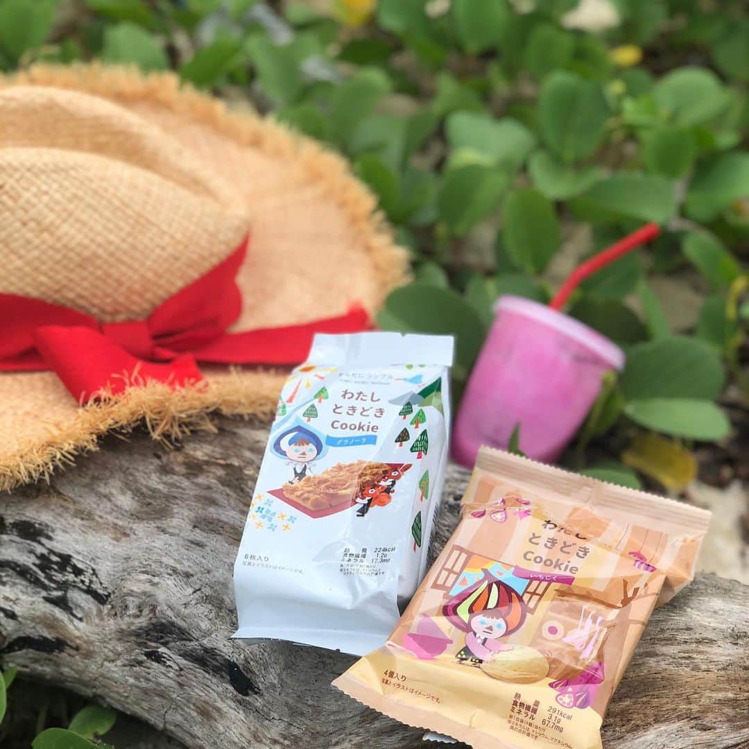 うえむらちかのインスタグラム：「ビーチでひと休み⛱﻿ ﻿ おやつはこの間もらった #ヨックモック の #わたしときどきcookie 🍪と﻿ ドラゴンフルーツジュース🍹﻿ ﻿ いちじくのドライフルーツが入っているからサクサクした生地によく合います💕﻿ ﻿ 素材にこだわって、てんさい糖や含蜜糖が使われていているのがまた美味しいですね🤤﻿ ﻿ 7月中旬にはレモン味が出るそうなので、早く食べてみたいな🍋﻿ ﻿ マンゴージュースや﻿ パッションフルーツジュースも飲みましたよ🌺﻿ ﻿ ﻿ 真っ青な海を見ながらのおやつタイム幸せすぎました🏝﻿ ﻿ ﻿ #beach #うえむらちからメシ﻿ #グラノーラ #グリーンレモン #おやつタイム #いちじく﻿ #yokumoku #pr #cookie﻿ @watashi_tokidoki」