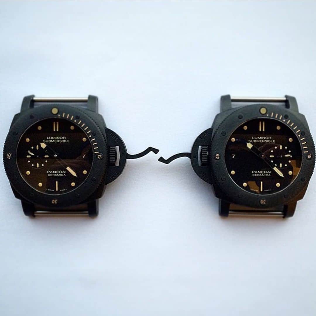 パネライのインスタグラム：「One for each wrist. The #PAM508 47mm Ceramic Submersible and it’s counterpart. The #PAM607 Destro Version.  Pic by @wwkoo #paneraicentral」