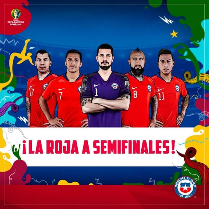 サッカーチリ代表チームさんのインスタグラム写真 - (サッカーチリ代表チームInstagram)「#CopaAmerica 🇨🇱 ¡LA ROJA AVANZA A SEMIFINALES! ⚽ Chile gana 5-4 en la definición por penales a Colombia y se mete entre los cuatro mejores de América 👏 ¡Gigantes, muchachos!」6月29日 10時51分 - laroja