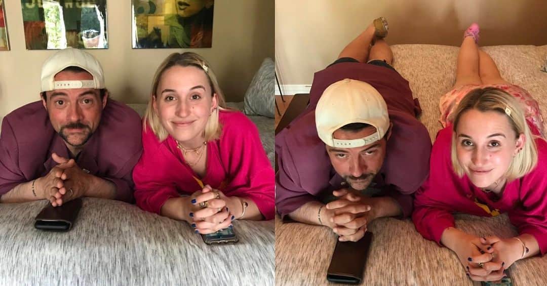 ケヴィン・スミスのインスタグラム：「So @harleyquinnsmith and I were on the bed, talking to the center of our universe, @jenschwalbach. Suddenly, Jen told us to hold still while she snapped these pictures. “You two even cross your legs the same!” she said. “It’s creepy.” So here’s me and my Grady Sister twin, asking you to come play with us. Forever. And ever. And ever. #KevinSmith #harleyquinnsmith #father #daughter」