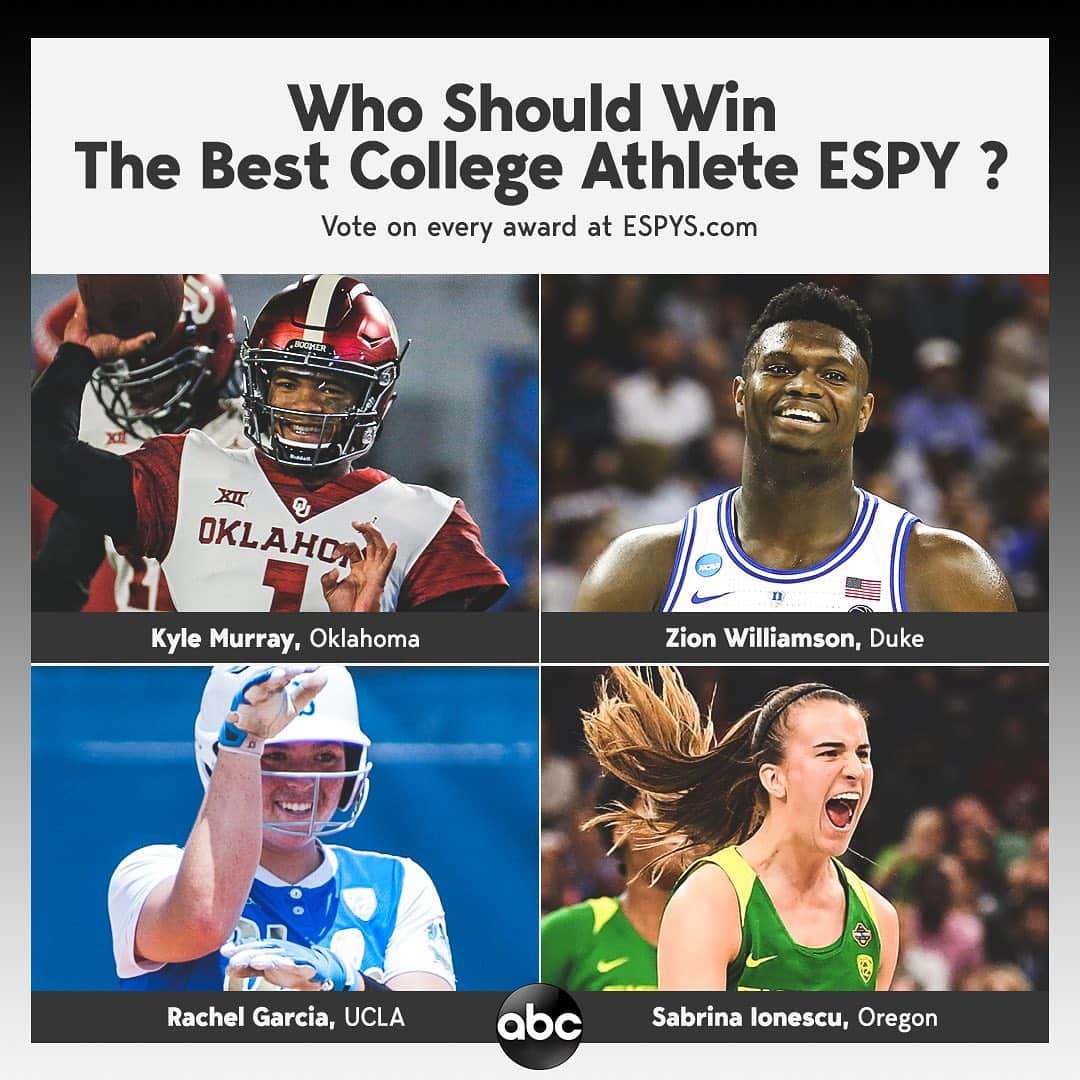 アメリカン・ブロードキャスティング・カンパニーのインスタグラム：「Who should win the ESPY for Best College Athlete? Cast your vote at ESPYS.com and see who wins July 10th on ABC! #ESPYS」