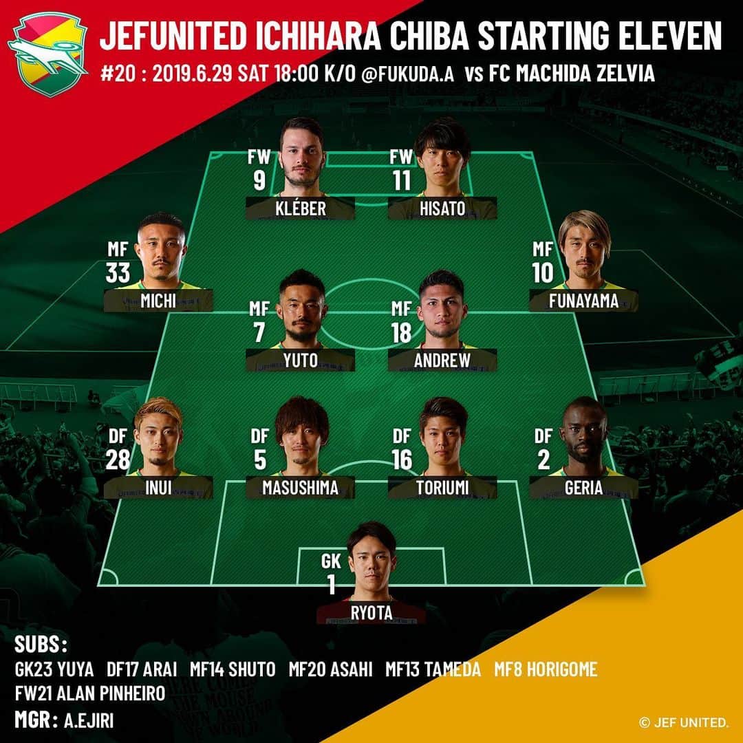 ジェフユナイテッド市原・千葉のインスタグラム：「2019.6.29 SAT 18:00 K/O vs FC MACHIDA ZELVIA JEFUNITED STARTING Ⅺ #jefunited #ジェフ千葉 #フクダ電子アリーナ #フクアリ #スターティングイレブン #jleague #Jリーグ」