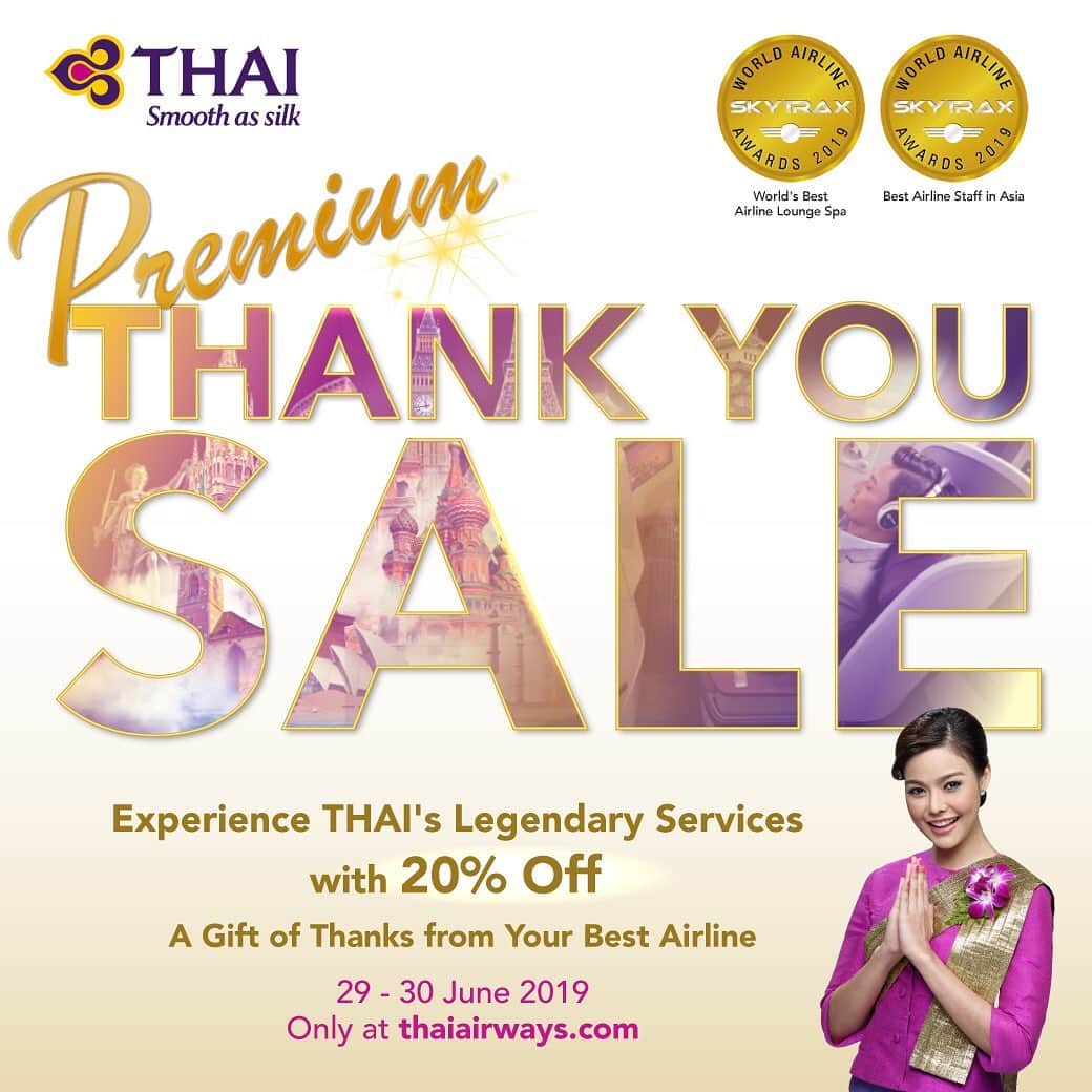 タイ航空さんのインスタグラム写真 - (タイ航空Instagram)「Here comes another gift of thanks from us! . Get 20% off First and Royal Silk Class tickets for flights departing from Thailand. . Only 2 days! (Now – Sunday 30 June 2019, GMT+7) . Book now at bit.ly/TGtwPremiumThanks. . #ThaiAirways #PremiumThankYouSale #GiftfromOurHearts #TGJourney」6月29日 19時37分 - thaiairways
