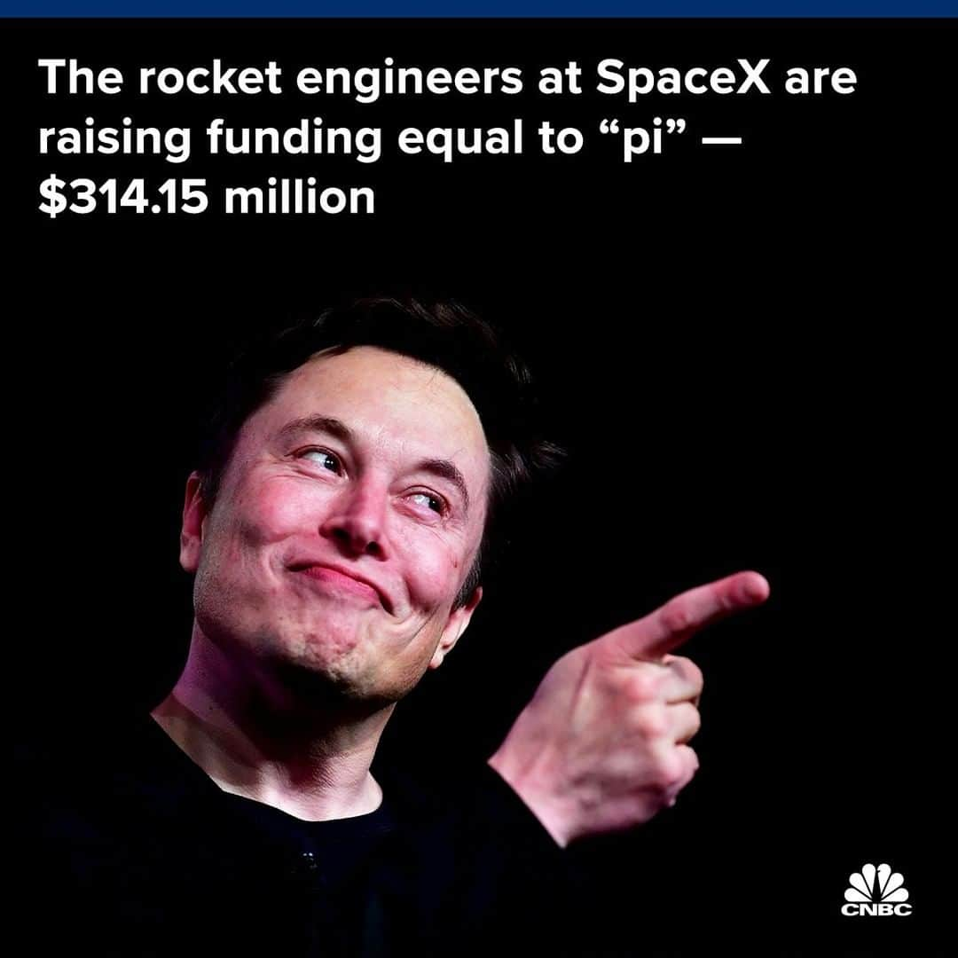 CNBCさんのインスタグラム写真 - (CNBCInstagram)「SpaceX is looking to raise $314.15 million in its most recent round of fundraising.⁠ That happens to match the first five digits of the mathematical constant “pi,” or 3.1415.⁠ ⁠ SpaceX told CNBC on Friday that the figures’ similarities were a coincidence. But this wouldn’t be the first time that  Elon Musk pinned a financial figure to a number of cultural significance...⁠ ⁠ ⁠ Remember last August, when Musk infamously said in a tweet that he would be taking Tesla private at $420 a share? ⁠ *⁠ ⁠ *⁠ *⁠ *⁠ *⁠ *⁠ *⁠ *⁠ #elonmusk  #tesla #spacex #pi #math #science #technology #space  #cnbctech #cnbc」6月30日 7時00分 - cnbc