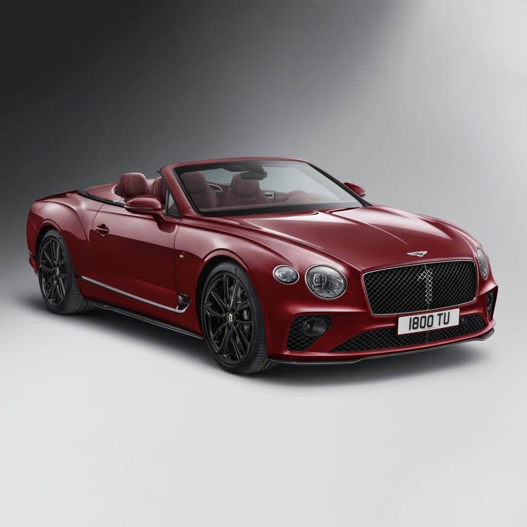のインスタグラム：「The Continental GT Convertible Number 1 Edition by #Mulliner. Inspired by the Hon. Dorothy Paget who was pivotal in creating the original No. 1 #Bentley Blower. Exterior paint: Dragon Red II. Interior hide: Cricket Ball. Link in bio. #Bentley100Years #ContinentalGTC  Continental GT Convertible WLTP drive cycle: fuel consumption, mpg (l/100km) - Combined 20.2 (14.0). Combined CO2 – 317 g/km.」