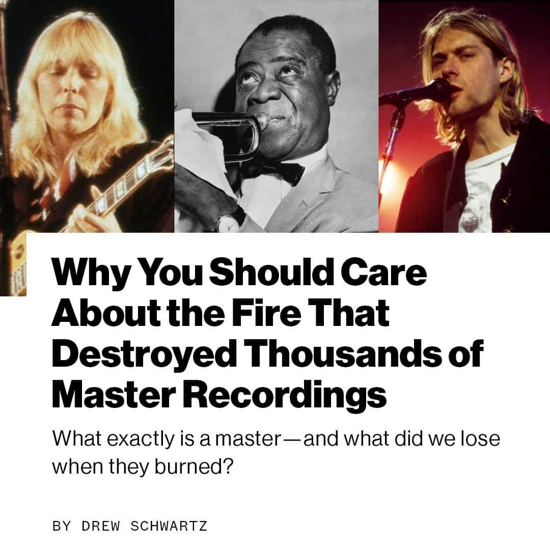 VICEさんのインスタグラム写真 - (VICEInstagram)「In 2008, the blaze at Universal Studios Hollywood completely ravaged "nearly all" of the masters in UMG's foremost vault.  Link in bio to read how this effected the world's largest record company's irreplaceable, priceless originals.  Photos of Joni Mitchell and Louis Armstrong via Wikimedia Commons; photo of Kurt Cobain by K Mazur / Getty Images」6月30日 5時01分 - vice