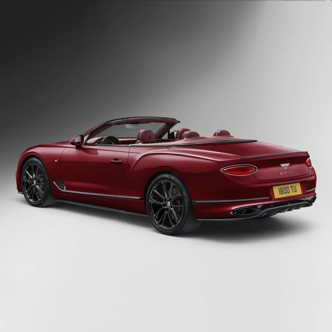 のインスタグラム：「The Continental GT Convertible Number 1 Edition by #Mulliner brings the pioneering spirit of the original No. 1 #Bentley Blower to the modern open-air grand tourer. Exterior paint: Dragon Red II. Interior hide: Cricket Ball. Link in bio. #Bentley100Years #ContinentalGTC  Continental GT Convertible WLTP drive cycle: fuel consumption, mpg (l/100km) - Combined 20.2 (14.0). Combined CO2 – 317 g/km.」