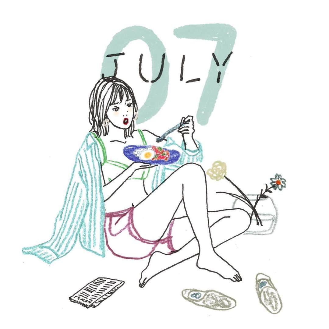 i.e.さんのインスタグラム写真 - (i.e.Instagram)「7月カレンダーアップしました！ 下半期になったのでちょっと雰囲気変えてみました〜 いかがでしょうか、、？ ゆるーい感じが気分かも。 暑くなってくるとエスニックなご飯食べたくなる〜 夏バテしないように適度にご飯食べましょうね。 , .  1年間早いですねー下半期も宜しくお願いします〜🙇‍♀️ . . #イラストレーター  #イラスト  #イタバカレンダー2019」6月30日 18時38分 - itabamoe