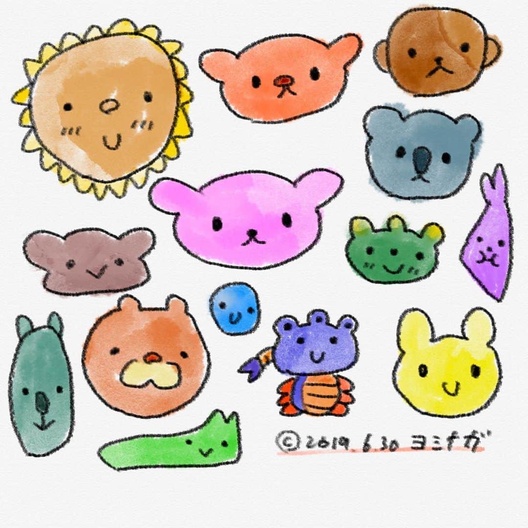  吉永龍樹のインスタグラム：「どうぶつさんたち  #ヨシナガ #dfnt #illustration #イラスト #いらすと #どうぶつ #kawaii #絵 #ハッピー#アイコン #drawing #うさぎ #くま #オパビニア #ライオン」