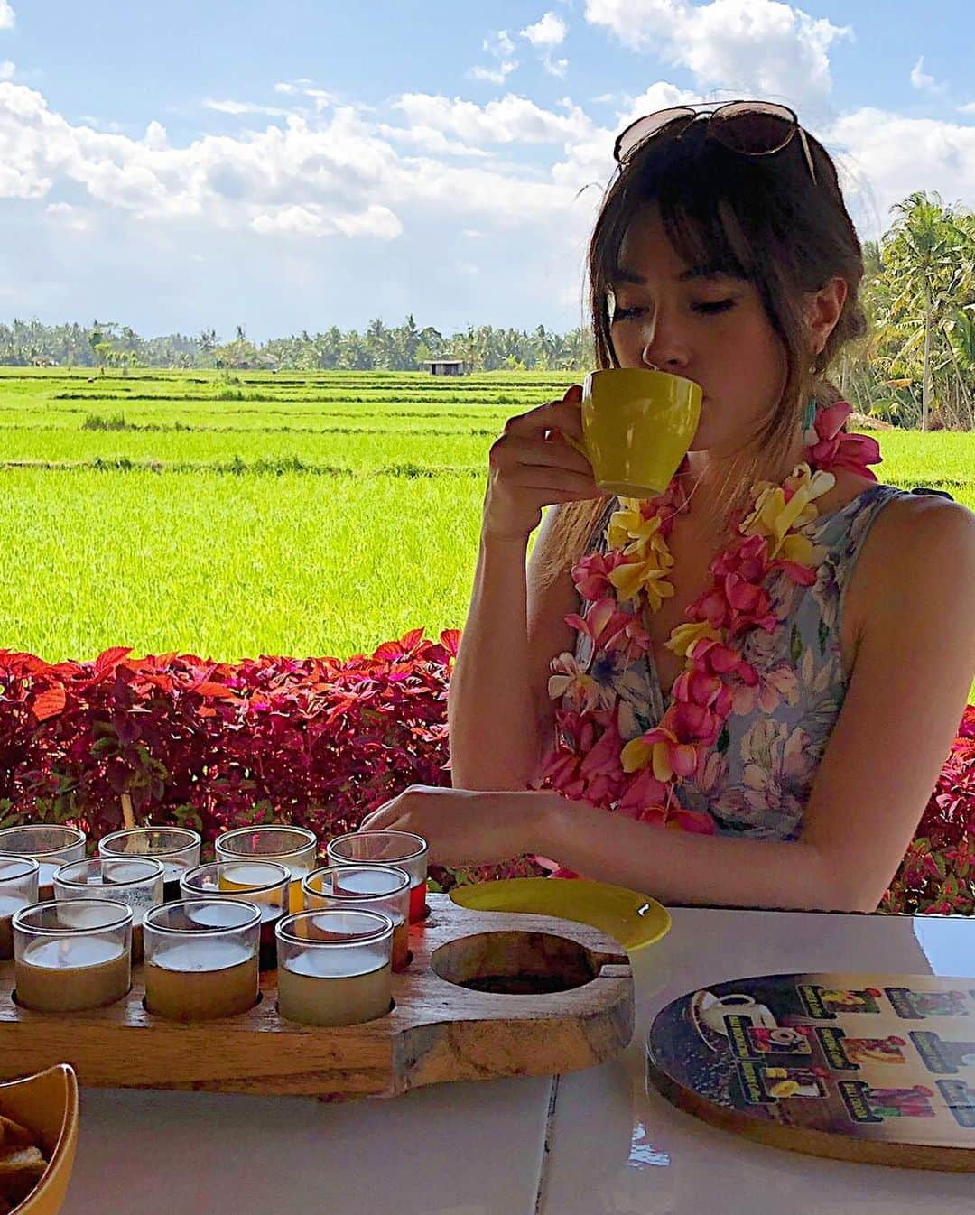 ノウィキ茉莉さんのインスタグラム写真 - (ノウィキ茉莉Instagram)「Coffee tasting in Ubud, Bali! What an experience! Tried a cup of Luwak Coffee for the first time which is the most expensive coffee in the world! It was delicious, but you probably wouldn’t want to know what it’s actually made out of 🤢😂 There were also different teas and coffees they provided for us which was all free!! The view was also so so beautiful 😍  ピアスは母が作りました良かったらお問い合わせを @kazukonowicki」6月30日 21時47分 - kristen.marii