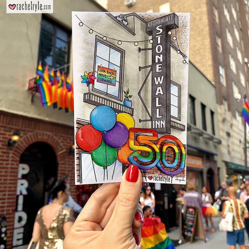 Rachel Ryleさんのインスタグラム写真 - (Rachel RyleInstagram)「Standing on the street in New York where 50 years ago Pride began at The Stonewall Inn - the birthplace of the modern LGBTQ+ rights movement. This year for #WorldPride we look back on The Stonewall riots, as we celebrate with those who proudly move forward. While sexuality is a sensitive subject for some, allow me to encourage you all with this. In everything, choose love over hate. Have acceptance over aversion. Kindness over anger. Understanding over condemnation. Regardless of one’s sexuality know that every person you come across is facing their own daily battles, some big & some small. The very least we can do is approach every moment with light in the attempt to impact every person with love. Your heart, and those you meet, will thank you in the end if you choose to keep darkness & hate out. Happy last day of Pride Month to those in the LGBTQ+ community, my heart...& my art...are celebrating with you in today’s worldwide parade of Pride! #art #drawing #illustration #tribute #🏳️‍🌈 #pride🌈 #Pride #WorldPride #PrideMonth #prideparade #pride2019 #Stonewall50 #StonewallInn #StonewallDay #StonewallRiots #LGBTQ #gay #instagay #nyc #newyorkcity #lovewins #loveislove」6月30日 22時50分 - rachelryle
