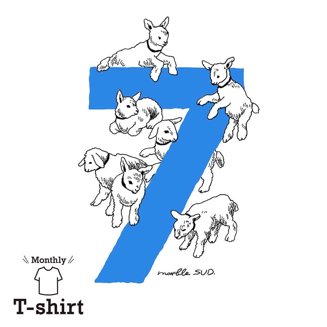 marbleSUD(マーブルシュッド) のインスタグラム：「【Monthly T-shirt】 2019年も後半戦に突入です！7月1日(月)発売の「Monthly T-shirt」は…。童話「オオカミと7匹の子ヤギ」の子ヤギモチーフ。Monthly T-shirt初となる2色プリント！“ラッキー7”の7月は是非ともゲットしておきたい1枚です。今回も同じ柄の缶バッジも付き！ ・ 直営店、online shop共に、1ヶ月限定での発売となっております。数量限定のレアアイテム！月初がチャンスです！この機会にぜひゲットしてくださいね！ ・ 【7月 Monthly T-shirt】 販売期間：7月1日(月)〜31日(水) ※無くなり次第終了 ・ #marblesud #マーブルシュッド #7月 #july #イベント #カレンダー #ラッキーナンバー #マンスリー #tshirt #Tシャツ #限定 #誕生月 #プレゼント #暦 #new #ファッション #夏 #ヤギ #ラッキー7 #koyomiforyou」