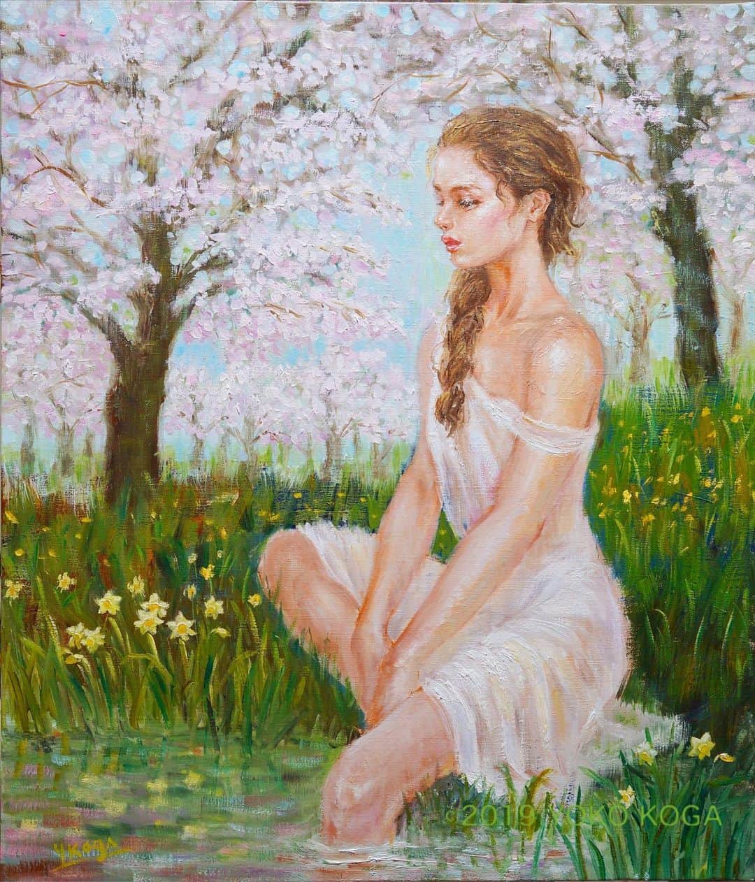 古賀陽子のインスタグラム：「“Echo’s Lovesickness” 2019, oil on canvas, 53cm×45.5cm "エコーの恋煩い" F10号  #アート大阪 2019 From GALLERY TOMO 🔜一般公開:7月6日(土)、7日(日) @ホテルグラヴィア大阪 26階 6008号室  大阪市北区梅田 3-1-1  I’m going to take part in ART OSAKA 2019☆ @hotel_granvia_osaka  Floor: 26  Room:6008  From GALLERY TOMO  #人物画 #肖像画 #portrait #アート #絵 #gallery #ギャラリー #画家 #artist #painter #portraitartist #painting #art #artwork #油絵 #oilpainting #artstagram #instapainting #instajapan #instaart #instaartist #古賀陽子 #yokokoga #exhibition #exhibit #大阪 #個展 #アート好きな人と繋がりたい #ギャラリー巡り」