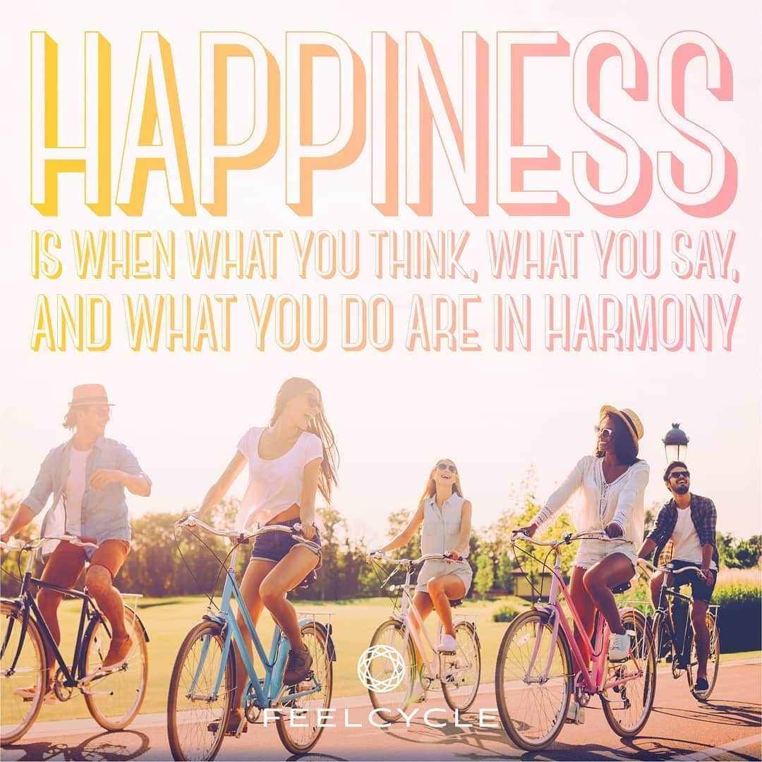 のインスタグラム：「. Happiness is when what you think, what you say, and what you do are in harmony. . -幸福とは思考、言動、行動が調和している状態である。- . #feelcycle #フィールサイクル #feel #cycle #mylife #morebrilliant #itsstyle #notfitness #暗闇 #バイクエクササイズ #フィットネス #ジム #45分で約800kcal消費 #滝汗 #ダイエット #デトックス #美肌 #ストレス解消 #リラックス #集中 #音楽とひとつになる #格言 #名言 #人生 #輝く #ポジティブ」