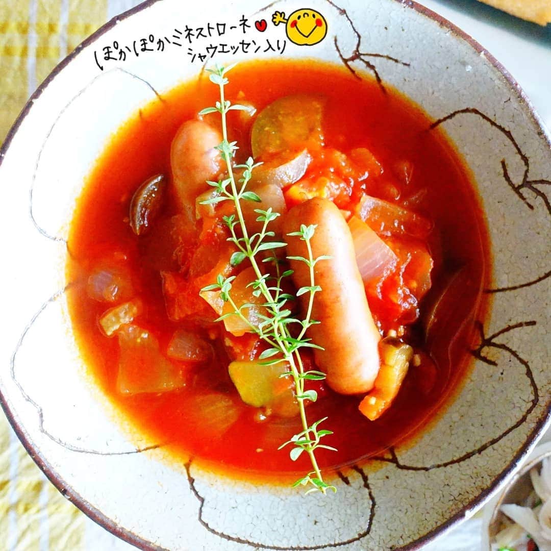 なっつ。さんのインスタグラム写真 - (なっつ。Instagram)「2019.7.1.monday PUNICAFE LUNCH. ❁ ある日のうおうちごはん♬ ・ミネストローネ、シャウエッセン入り ・パンとエスプレッソとのムーでバタートースト ・マヨ和えサラダ ❁ 野菜たっぷりミネストローネ♬ ストウブを買ってから たっぷりスープを作る機会が増えました♪ 気温が低くなくても 体って冷えてるんだなーって スープ飲むと思う。 体の芯がしっかりわかるっていうか😊 . . #パンとエスプレッソと で出されてる フレンチトーストにも使われてる#ムー。 やっぱり美味しいなぁ♬ シンプルにバタートースト🍞 ふんわり～😆 ごちそうさまでした😋 . . 寒いけど動くと暑い。 けど薄着すると冷える😭💧 着るものに困る😥 冷えると痛い目見るので 下半身は厚着ちゅう。 ・ ・ ・ #bread#パン#今週もいただきます#なっつごはん🍚#なっつの絵日記」7月1日 10時06分 - punipopo