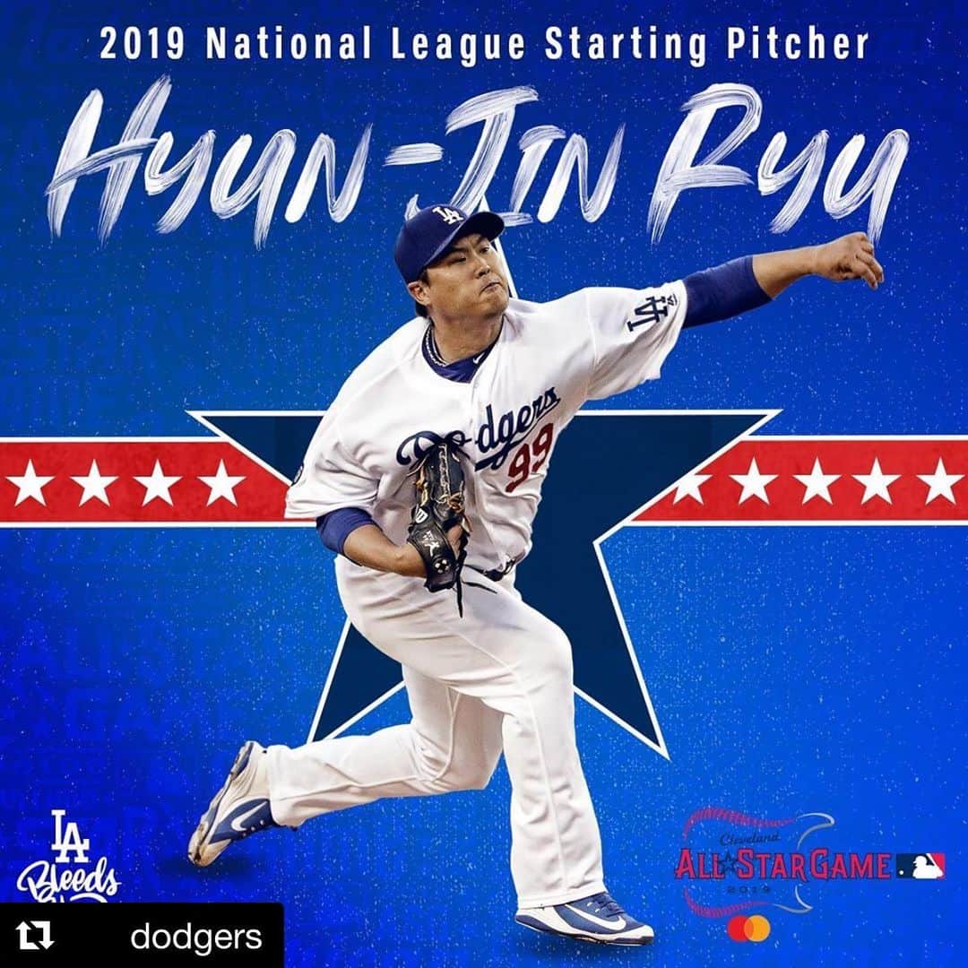 柳賢振のインスタグラム：「#Repost @dodgers with @get_repost ・・・ Your 2019 National League All-Star Game starting pitcher. Congrats, @hyunjinryu325!」