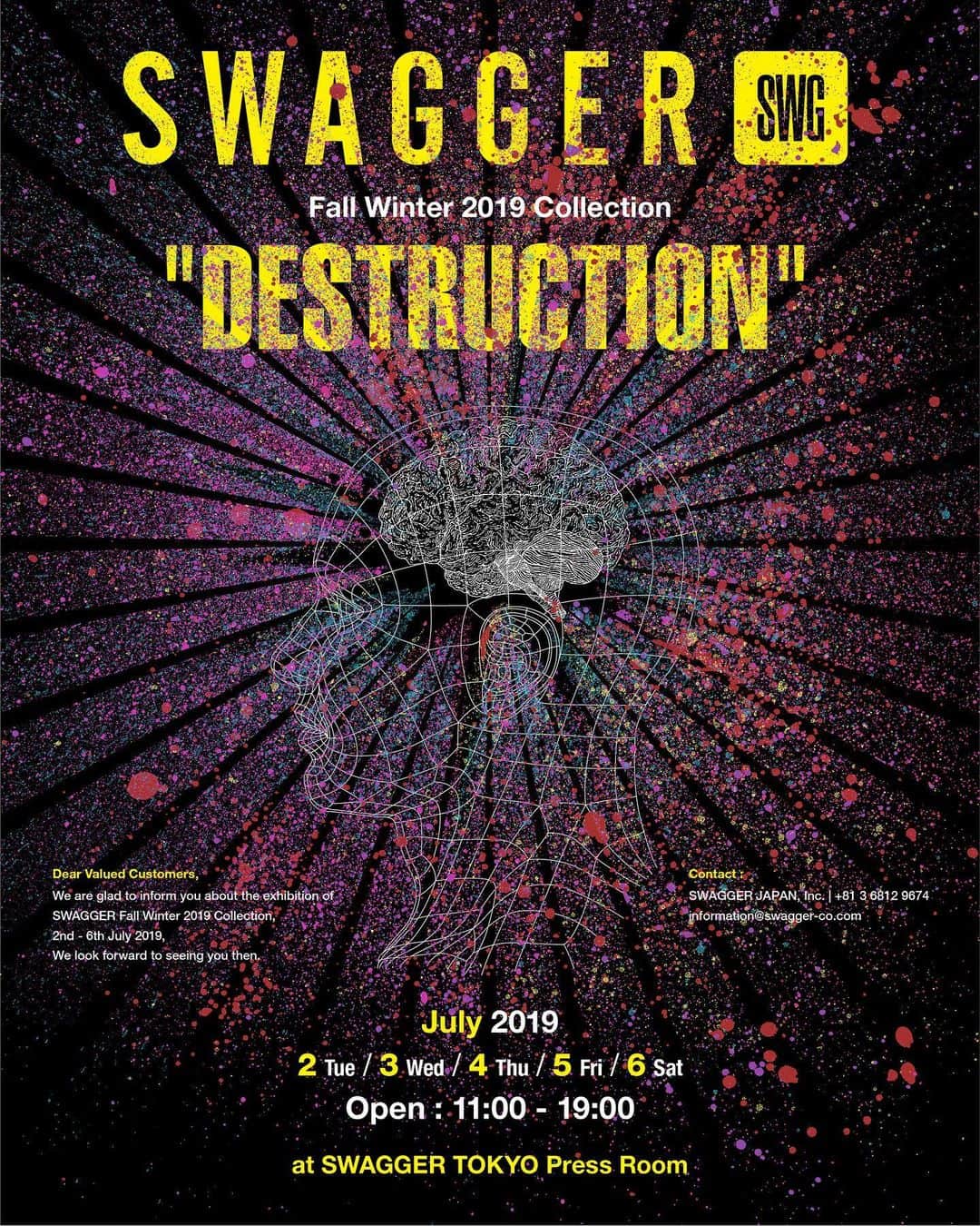 スワッガーのインスタグラム：「SWAGGER Fall Winter 2019 Collection ﻿ “DESTRUCTION"﻿ ﻿﻿ 7/2（火）〜 6（土）11:00〜19:00﻿﻿ at SWAGGER TOKYO Press Room﻿ info : ﻿03-6812-9674﻿ information@swagger-co.com﻿﻿ ﻿ ・バイヤーの方はアポイント制となっております﻿ ﻿ #swagger_tokyo #swg_tokyo #swagger #SWG #SWG東京 #exhibition #展示会 #fallwinter2019」