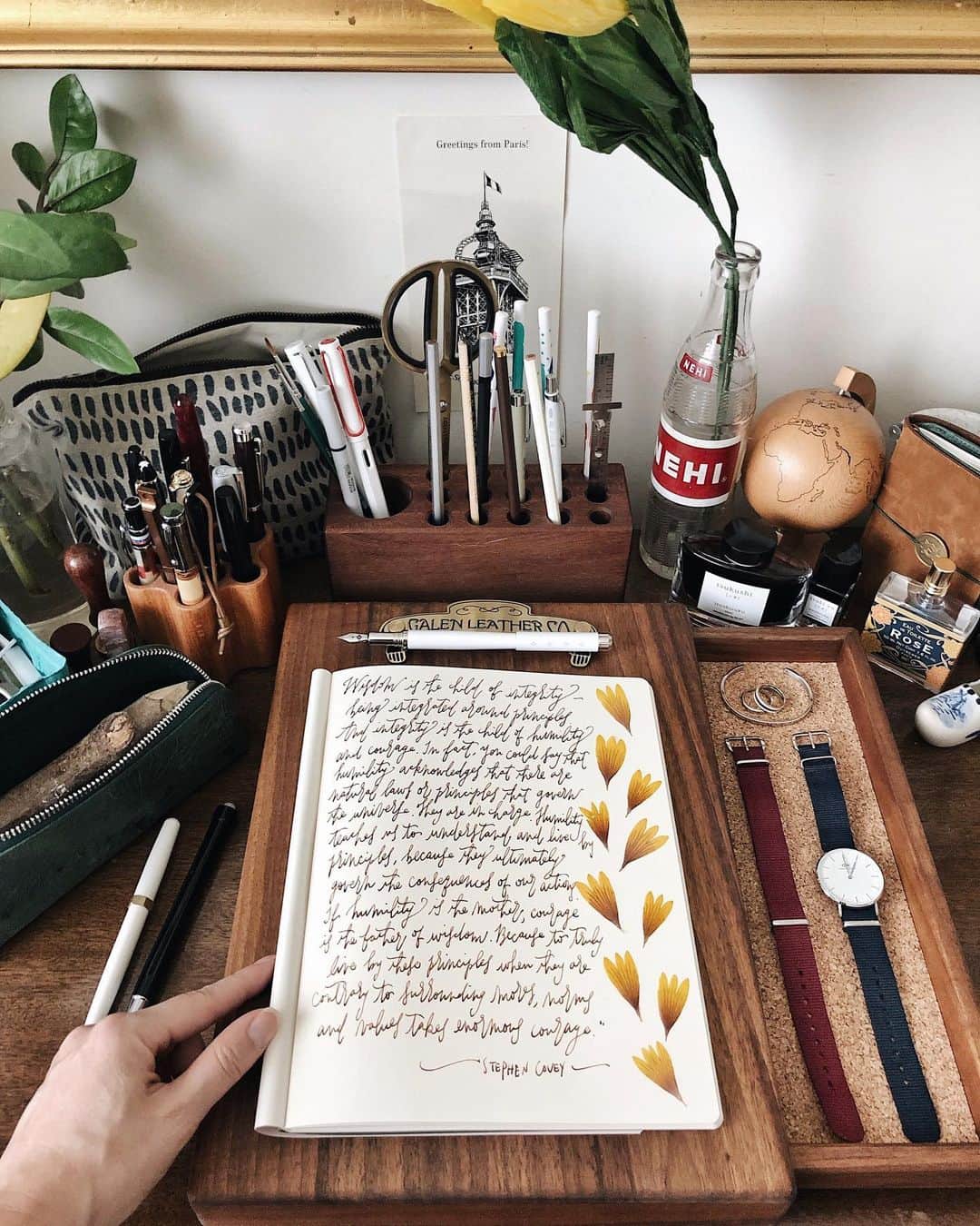 Catharine Mi-Sookさんのインスタグラム写真 - (Catharine Mi-SookInstagram)「“Each new month is like a fresh sheet of paper and you get to decide what will be written on it.” -Anonymous . . . Commencing a new month with a new notebook, which is in a larger B5 size, so I think I will transform it into a vision board journal for dreaming big. There is something about putting the goals and wishes of our heart into creative motion that sets those very things into actual fruition. I used to do this on poster-size paper but I think it would be fun to dedicate a notebook to this. The first page can sometimes be the most daunting one, so I took the pressure off and penned a quote regarding wisdom. If there’s one thing I’ve learned along the way with any dream, it will yield plenty of beauty, life-force and prosperity when it is led by and girded well with wisdom. Another thing I’ve discovered too: pie is almost always a good idea in the midst of such processes. Am I right? 😊🍓🥧 . . . Speaking of a new month, I’m happy to share that @danielwellington is having a July 4th promo where you get a free additional watch strap with any watch purchase which can be combined with my discount code CMISOOK for 15% off with free worldwide shipping. I chose the NATO straps because they’re so lightweight and easy to interchange. I made a video showing how in my stories. #ad #danielwellington . . . PS - my new notebook is the B5 Mixed Media by @soumkine who was kind enough to send me this! It is fountain pen friendly and works well with light watercoloring too. . . . #july2019 #newmonthnewgoals #journaling #soumkine #dailyjournal #visionboard #franklinchristoph #fountainpens #galenleather #loveforanalogue #dwwatch #penmanship #petalsandprops #handsinframe #creativejournal #creativejournaling #stationery #stationerylove #deskdecor #plannercommunity #aquietstyle #thedailywriting #creativespace」7月1日 23時02分 - catharinemisook