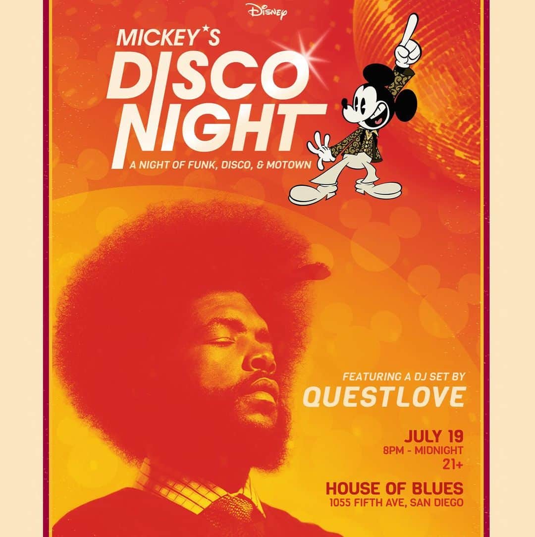 ミッキーマウスさんのインスタグラム写真 - (ミッキーマウスInstagram)「Mickey’s Disco Night is coming on July 19th! Take a break from Comic-Con and get ready to boogie at the House of Blues San Diego, featuring headliner @questlove . No platform shoes are too high and no jumpsuit is too sparkly for this funky night of fun! Visit d23.com for ticket info.」7月2日 2時36分 - mickeymouse
