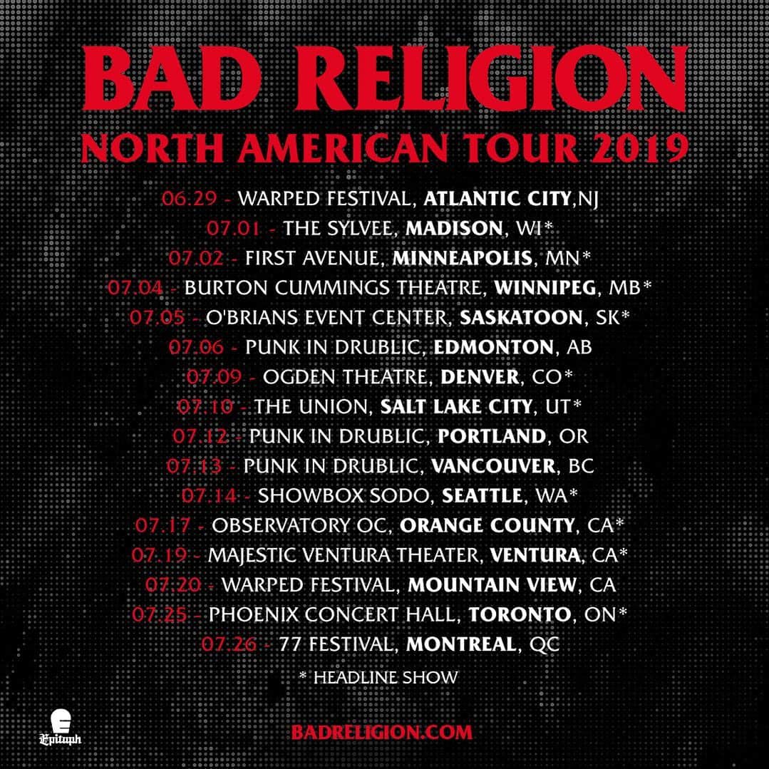 Bad Religionさんのインスタグラム写真 - (Bad ReligionInstagram)「dear ...everyone? i’m going to ask you to do me a favor. could you please repost this image of tour dates if you live in or near any of these cities? please? trying to avoid the world of throttling and algorithms, and the best way to tell people we’re coming to town is to hand out flyers at the club... so we’ll try this for now. thanks for everything! -jay more tour dates in stories」7月2日 2時42分 - badreligionband