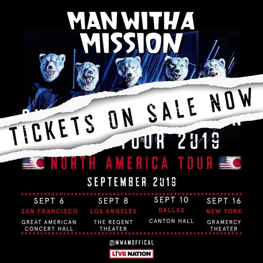 Man With A Missionさんのインスタグラム写真 - (Man With A MissionInstagram)「Tickets are on sale now for MWAM's North American Tour in September! 🇺🇸🐺🌎🇺🇸⁣ ⁣ Check bio for link to tickets!⁣ ⁣ Dates are as follows:⁣ 🐺Sept 6 - @greatamericanmusichall, SF⁣ 🐺Sept 8 - @regenttheaterla, LA⁣ 🐺Sept 10 - @cantonhalldallas, DALLAS⁣ 🐺Sept 16 - @gramercytheatre, NYC . . . #MWAM #MWAMUS #ChasingTheHorizon #MWAMAmerica #manwithamission #greatamericanmusichall #regenttheaterla #cantonhall #gramercytheatre」7月2日 3時03分 - mwamofficial