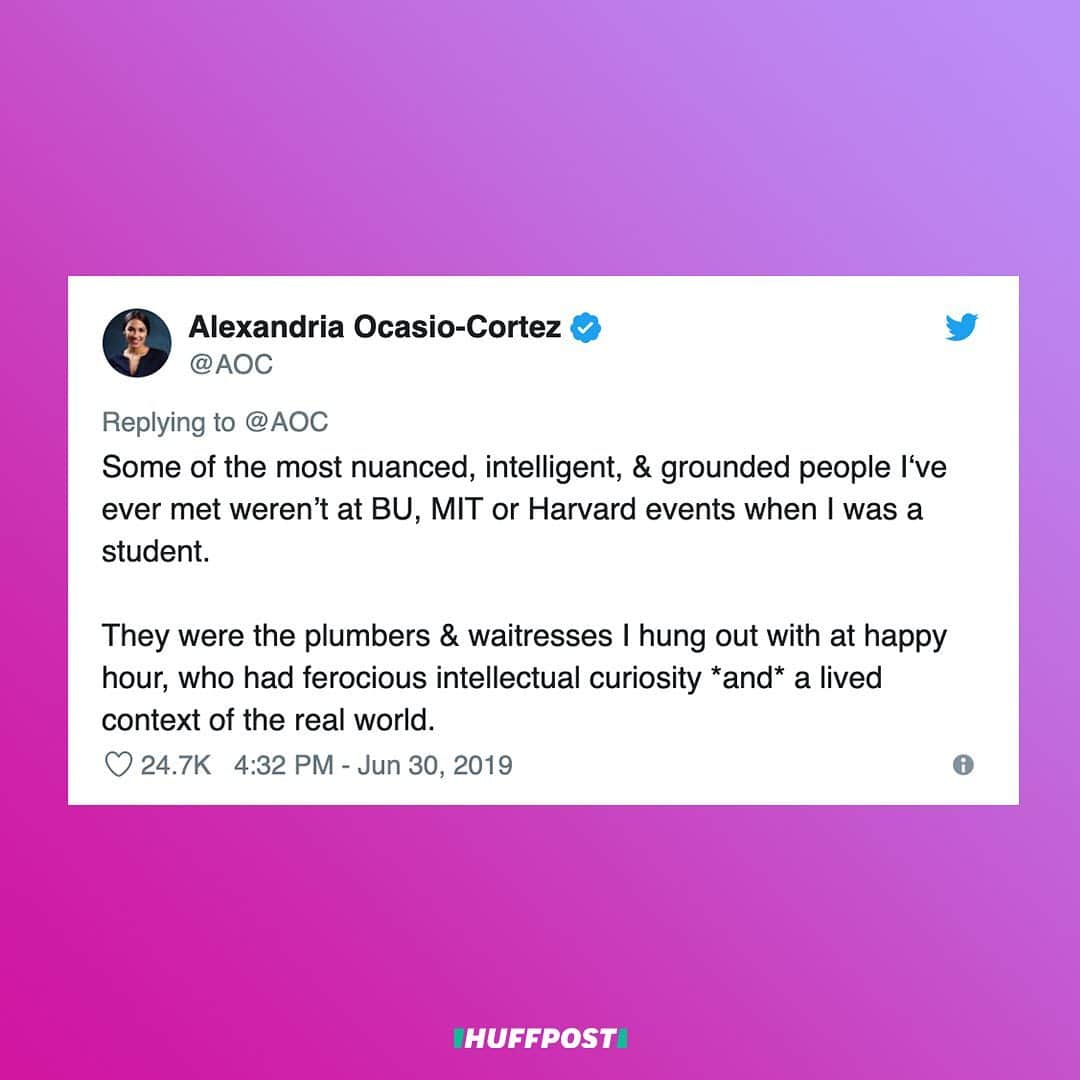 Huffington Postさんのインスタグラム写真 - (Huffington PostInstagram)「Rep. Alexandria Ocasio-Cortez (D-N.Y.) is calling out Republicans for “classism” for attacking her past work as a bartender. Over the weekend, the freshman lawmaker slammed Ivanka Trump, daughter and adviser to President Donald Trump, for taking part in G-20 talks despite having no qualifications. “It may be shocking to some, but being someone’s daughter actually isn’t a career qualification,” Ocasio-Cortez said in response to a viral video of an awkward moment between the first daughter and several world leaders. Conservative pundit Paris Dennard asked Ocasio-Cortez what her own qualifications are. “Remind us how being a bartender qualified you to be a member of Congress creating laws, voting on bills that impact Americans & the world,” he tweeted. She replied with the only qualification that matters in Congress: The election results that showed her easily winning her district last year. Then, she launched into a passionate defense of not only her own background, but of all people who’ve worked similar jobs.」7月2日 3時26分 - huffpost