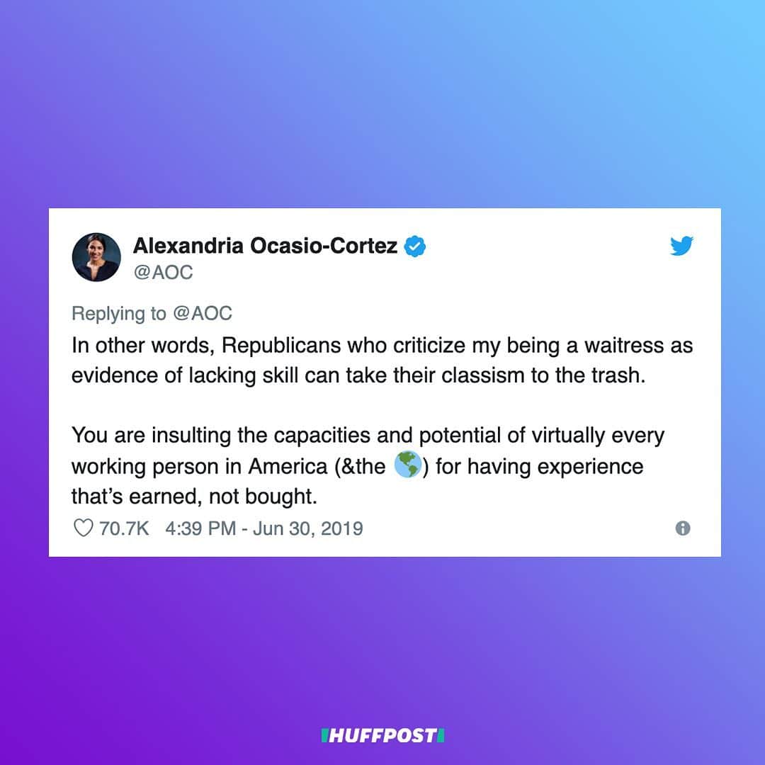 Huffington Postさんのインスタグラム写真 - (Huffington PostInstagram)「Rep. Alexandria Ocasio-Cortez (D-N.Y.) is calling out Republicans for “classism” for attacking her past work as a bartender. Over the weekend, the freshman lawmaker slammed Ivanka Trump, daughter and adviser to President Donald Trump, for taking part in G-20 talks despite having no qualifications. “It may be shocking to some, but being someone’s daughter actually isn’t a career qualification,” Ocasio-Cortez said in response to a viral video of an awkward moment between the first daughter and several world leaders. Conservative pundit Paris Dennard asked Ocasio-Cortez what her own qualifications are. “Remind us how being a bartender qualified you to be a member of Congress creating laws, voting on bills that impact Americans & the world,” he tweeted. She replied with the only qualification that matters in Congress: The election results that showed her easily winning her district last year. Then, she launched into a passionate defense of not only her own background, but of all people who’ve worked similar jobs.」7月2日 3時26分 - huffpost
