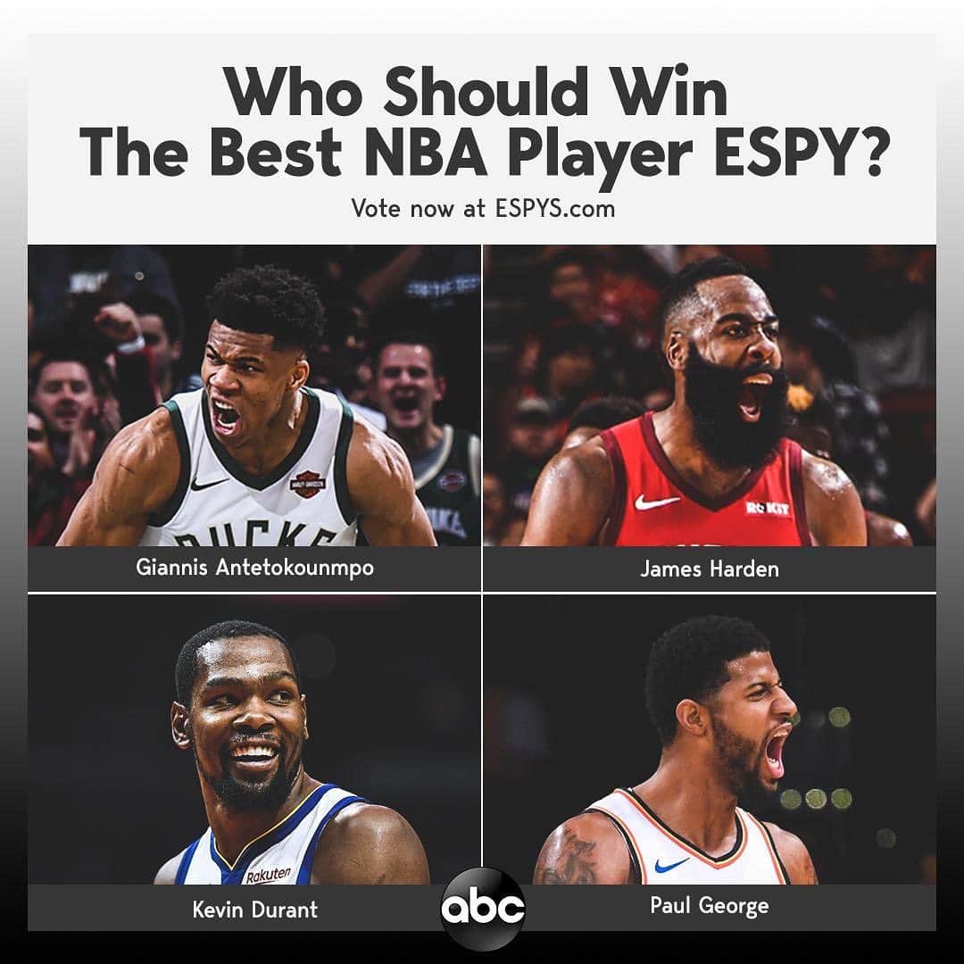 アメリカン・ブロードキャスティング・カンパニーのインスタグラム：「Which NBA Player has your vote? Tell us at ESPYS.com and find out who gets the #espys on ABC July 10th!」