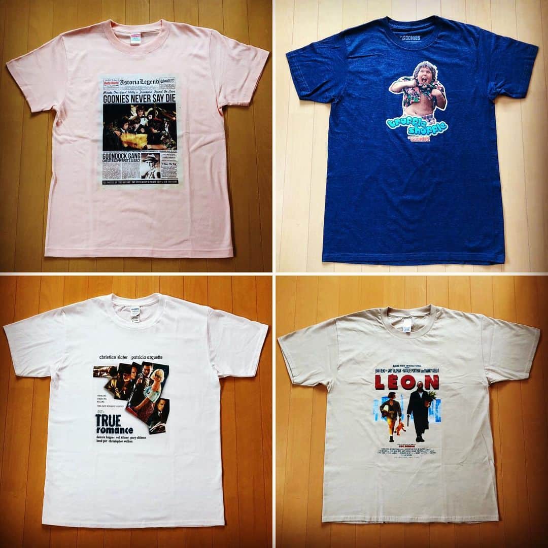 加藤厚成のインスタグラム：「- Movie T-shirts Collection - #TheGoonies #Goonies #グーニーズ #RichardDonner #gooniesneversaydie #neversaydie #クヨクヨするな #諦めるな #Chunk #チャンク #TruffleShuffle #1985 #TrueRomance #トゥルーロマンス #TonyScott #DennisHopper #YoureSoCool #1993 #Leon #TheProfessional #レオン #LucBesson #MathildaLando #1994  #movietshirt #映画Tシャツ #nostalgia #郷愁 #goodolddays #古き良き時代」