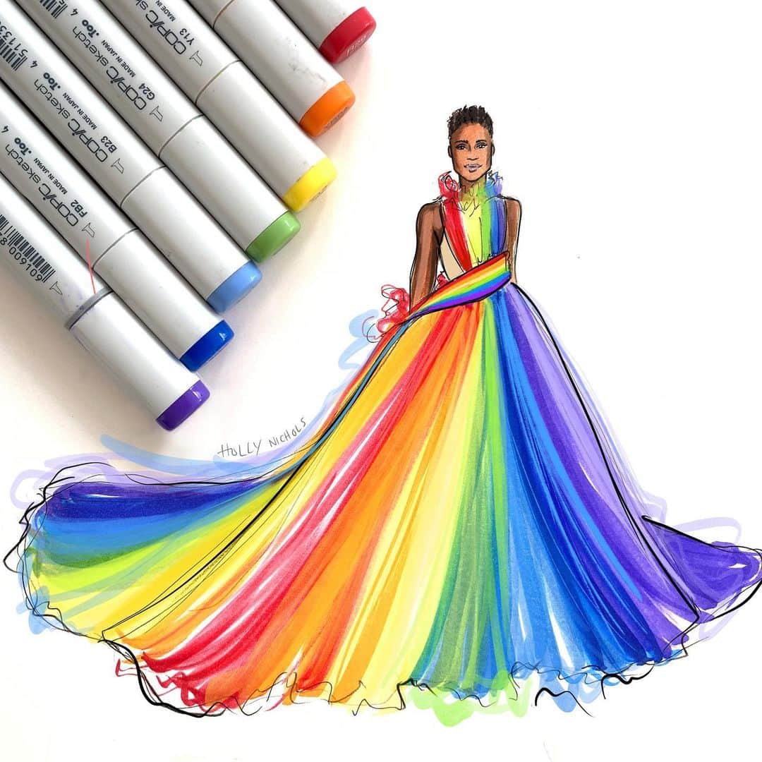 Holly Nicholsさんのインスタグラム写真 - (Holly NicholsInstagram)「Used nearly every color in the box to depict this brilliant look on @theebillyporter, custom designed by @csiriano. The markers are @copic_official 🌈🌈🌈#Pride #fashionillustration #LoveisLove #BillyPorter #PRideDay #FashionDrawing #rainbow #hnicholsillustration #copicmarkers #copic #christiansiriano」7月2日 7時28分 - hnicholsillustration