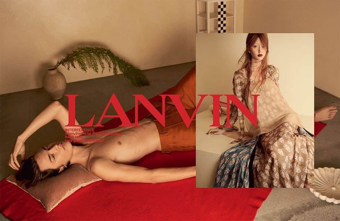 ランバンのインスタグラム：「Shot by @_glen_luchford, INTERFERENCE is the first Lanvin advertising campaign by Creative Director @brunosialelli.  Photography: @_glen_luchford Creative direction: @brunosialelli  Art direction: @ezrapetronio Styling: @mr_carlos_nazario  Hair: @paulhanlonhair  Make-up: @lucia_pieroni  Casting: @piotrchamier  #LanvinINTERFERENCE #LanvinFW19  #LanvinbyBrunoSialelli」