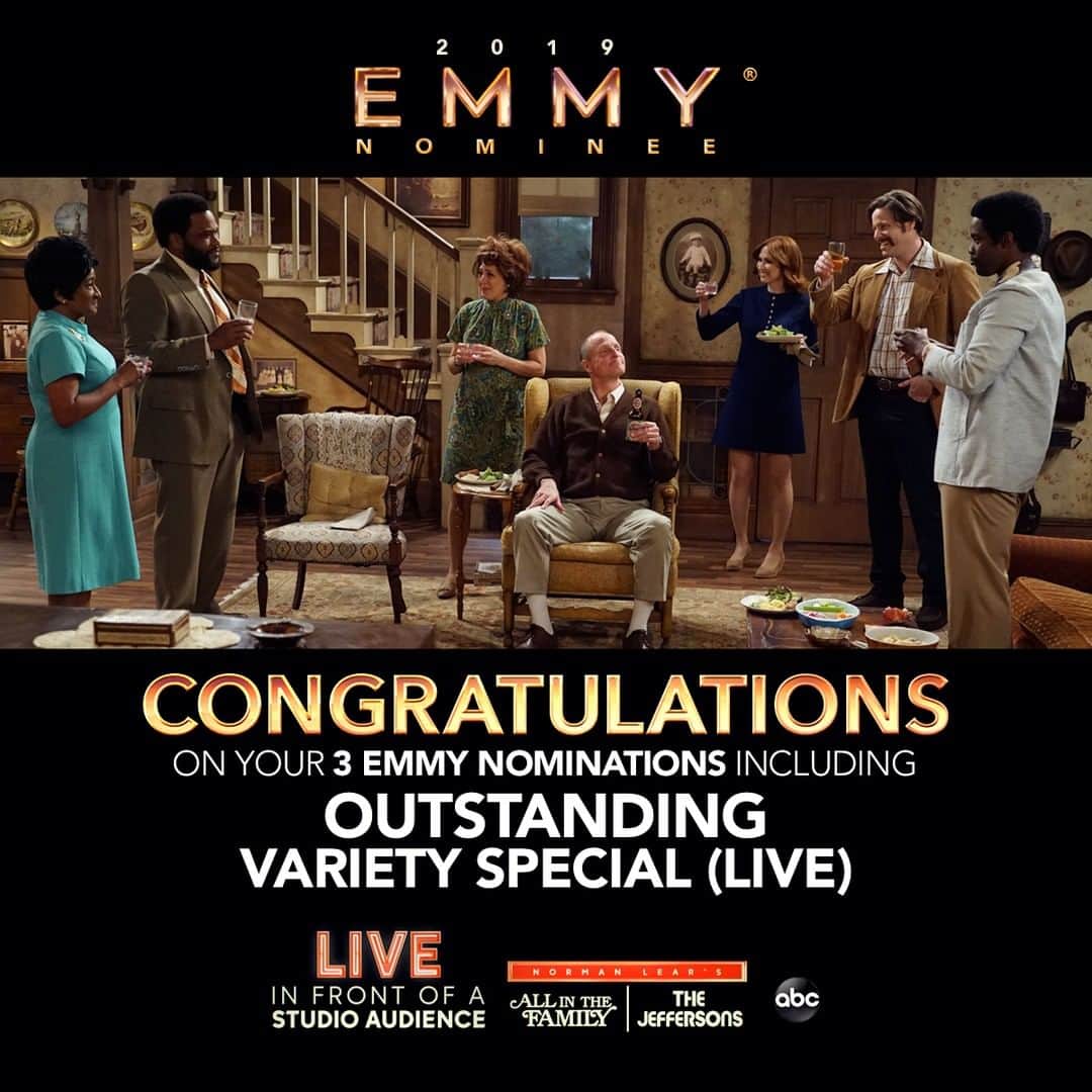 アメリカン・ブロードキャスティング・カンパニーのインスタグラム：「Amazing!!! Congratulations to the cast and crew of Live In Front Of A Studio Audience: Norman Lear’s All in the Family and The Jeffersons on their #Emmy nominations including Outstanding Variety Special (LIVE)! #LiveInFrontOfAStudioAudience」