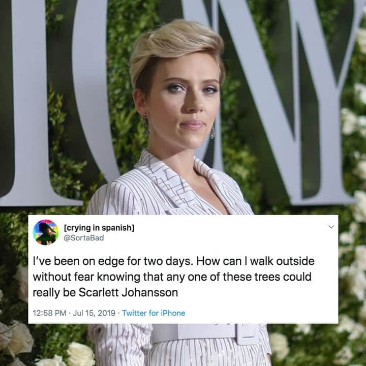 VICEさんのインスタグラム写真 - (VICEInstagram)「Scarlett Johansson is getting roasted for saying she should be able to play "any person, or any tree, or any animal" in an interview. 🌳 🤔 While Johansson issued a follow-up statement that explained that the original interview "has been edited for click bait and is widely taken out of context," the internet is having a field day with this. 💻 See more memes that highlight the absurdity of ScarJo's comments at the link in bio.」7月17日 2時00分 - vice