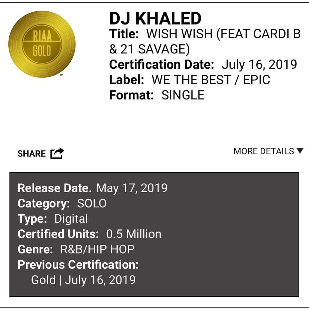 DJキャレドさんのインスタグラム写真 - (DJキャレドInstagram)「THANK YOU FAN LUV ! LUV YOU ! VERY GRATEFUL ! 👋🏽👋🏽👋🏽 That was quick 👀 #WISHWISH OFFICIALLY CERTIFIED GOLD🏆  #DJKHALED @iamcardib @21savage @taykeith @riaa_awards Let me get my radio team on the phone GOLD before we even go for adds on radio 📻 the streets have spoken time to set up a radio add date ! @wethebestmsuic !  ANOTHER ONE !  @wethebestmusic @rocnation @epicrecords」7月17日 6時00分 - djkhaled