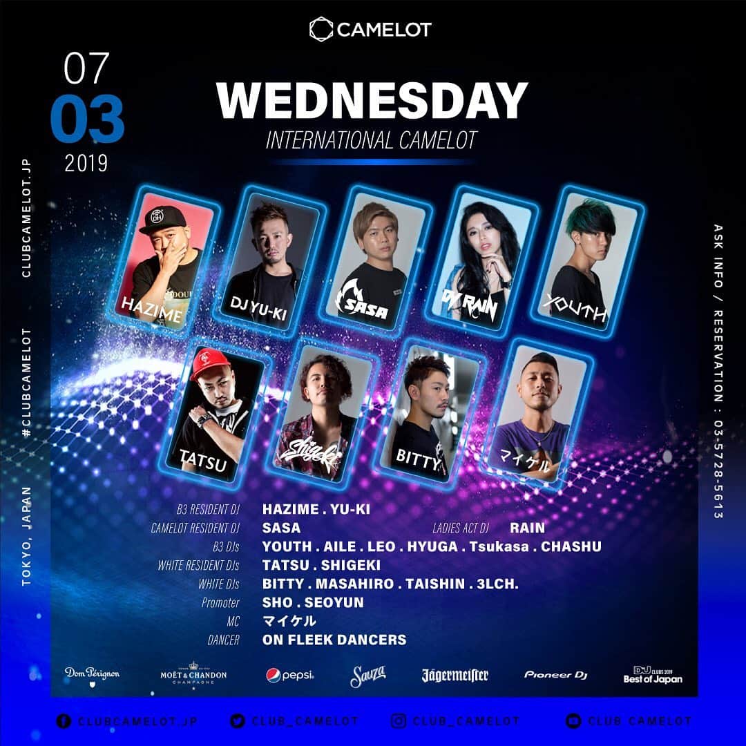 のインスタグラム：「7月から毎週水曜日 @club_camelot B3 Floor  でプレイすることになりました🎶 @djyuuuuki @dj_sasa__ @djyouth__  @djrain_jp @dj_chiaki @djkasumi_jpn  達と盛り上げていきますので 皆さん遊びに来て下さいね〜✌️ #tokyo #shibuya #camelot #毎週水曜レギュラー」