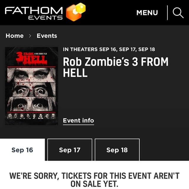 ロブ・ゾンビのインスタグラム：「For those of you having trouble finding this. Go to FATHOMEVENTS.COM and search 3 FROM HELL. Simple. #threefromhell #fathomevents #freethethree #robzombie #3fromhell」