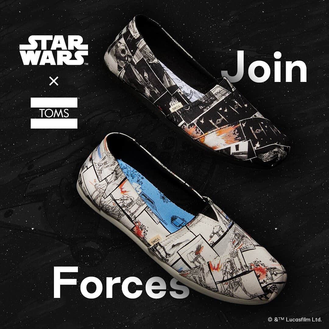 トムズシューズのインスタグラム：「Update: Almost sold out. Additionally available at @zappos, @nordstrom (online), and TOMS retail stores (Venice, Glendale, Austin, Brooklyn, Chicago, Portland, and Mall of America). // New to the TOMS universe, Classic Alpargatas featuring custom, storyboard-style prints, along with star-studded selects from the TRVL LITE Collection—an ultra-lightweight shoe  designed for life at lightspeed. As always, every purchase enables the TOMS community—and now, STAR WARS fans—to bring good to the galaxy. #StarWarsxTOMS #StarWars」