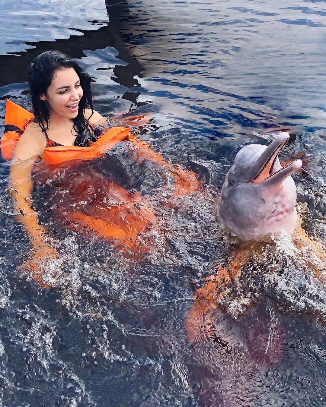 sananasのインスタグラム：「Living my best life 🐬💚 Les Dauphins d’eau douce sont un peu différents mais tout aussi doux 🥰 L’un des meilleurs moments de ma vie jusqu’à présent ... Ils sont en liberté dans le Rio Negro ! Sur ces belles images, Bye Bye Manaus👋🏻 Next Step : Foz do Iguazú 💦 . PS : J’ai oublié de vous dire hier qu’il n’y aura pas de nouvelle vidéo avant mercredi ^^ donc si vous avez loupé ma vidéo spéciale conseils pour choisir son jean le lien est dans la bio 👖😘 #Bresil #Brezil #Amazonie #Dolphin #Dauphin #PerectMoment #TuiFrance」