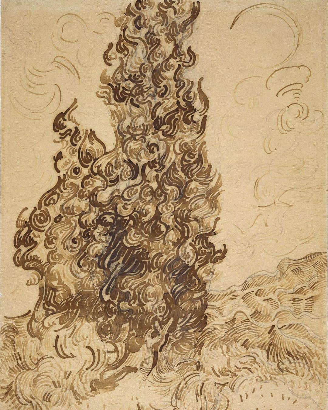 ブルックリン美術館さんのインスタグラム写真 - (ブルックリン美術館Instagram)「On this day in 1889, #VincentvanGogh mailed this drawing of cypress trees to his brother Theo in order to show him what the paintings he was working on looked like (the painting that corresponds to this drawing is now @metmuseum). A few days earlier, Vincent had written to Theo describing the motif that so captivated him in Saint-Rémy-de-Provence: “The cypresses still preoccupy me… It’s beautiful as regards lines and proportions, like an Egyptian obelisk… It’s the dark patch in a sun-drenched landscape, but it’s one of the most interesting dark notes, the most difficult to hit off exactly that I can imagine.” Come see this vivid, energetic drawing now on view in #BKMWorksonPaper﻿⠀ ⠀﻿⠀ Vincent van Gogh (Dutch, 1853-1890). Cypresses (Les Cyprès), June 1889. Reed pen, graphite, quill, and brown and black ink on wove Latune et Cie Balcons paper. Brooklyn Museum, Frank L. Babbott Fund and A. Augustus Healy Fund, 38.123﻿」7月2日 21時52分 - brooklynmuseum