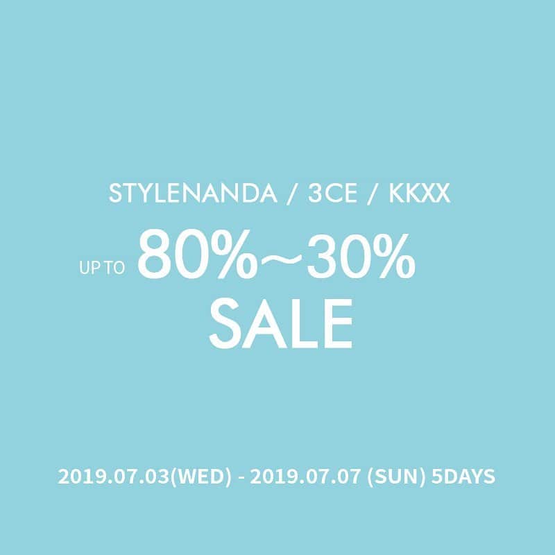 Official STYLENANDAさんのインスタグラム写真 - (Official STYLENANDAInstagram)「#난다썸머페스티벌 오늘부터 5일간! 스타일난다/3CE /KKXX  최대 80~30% 세일! (*일부 품목 제외) 💙 - 기간: 2019년 7월 3일(수)~ 7월 7일(일), 5일간 대상: 국내 온/오프라인 매장 및 해외몰 - NANDA SUMMER FESTIVAL!  STYLENANDA/3CE/KKXX SALE 80%~30%!(*excludes some items)  2019/07/03(WED) AM 00:00~ 7/7(SUN), FOR 5 DAYS (*korean standard time) [Sales applied] - STYLENANDA domestic and overseas online stores - Domestic offline stores (*excludes DUTY FREE SHOPS, OLIVEYOUNG, CHICOR, BOOTS) - www.stylenanda.com en.stylenanda.com jp.stylenanda.com cn.stylenanda.com tw.stylenanda.com #stylenanda #3ce #nandasummerfestival」7月3日 0時00分 - houseof3ce