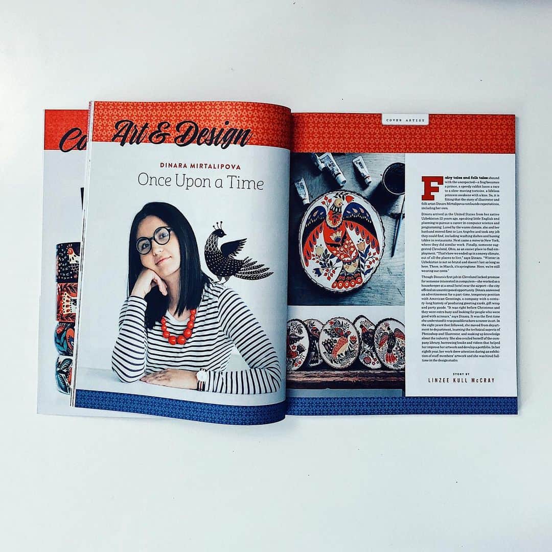 Dinara Mirtalipovaのインスタグラム：「As promised I’m sharing this interview in @uppercasemag by Linzee Kull McCray @seamswrite. Linzee called me up on the phone and we spoke for about an hour or so, she asked me questions about my personal and professional life, hobbies, childhood and my life as an immigrant in America. If there’s one thing a reader should take from this interview is that if you love art, create art but don’t have a proper degree in art, you ARE still a true artist.  #Uppercase42 #uppercasemagazine  #dinaramirtalipova  #mirdinara #folkart」