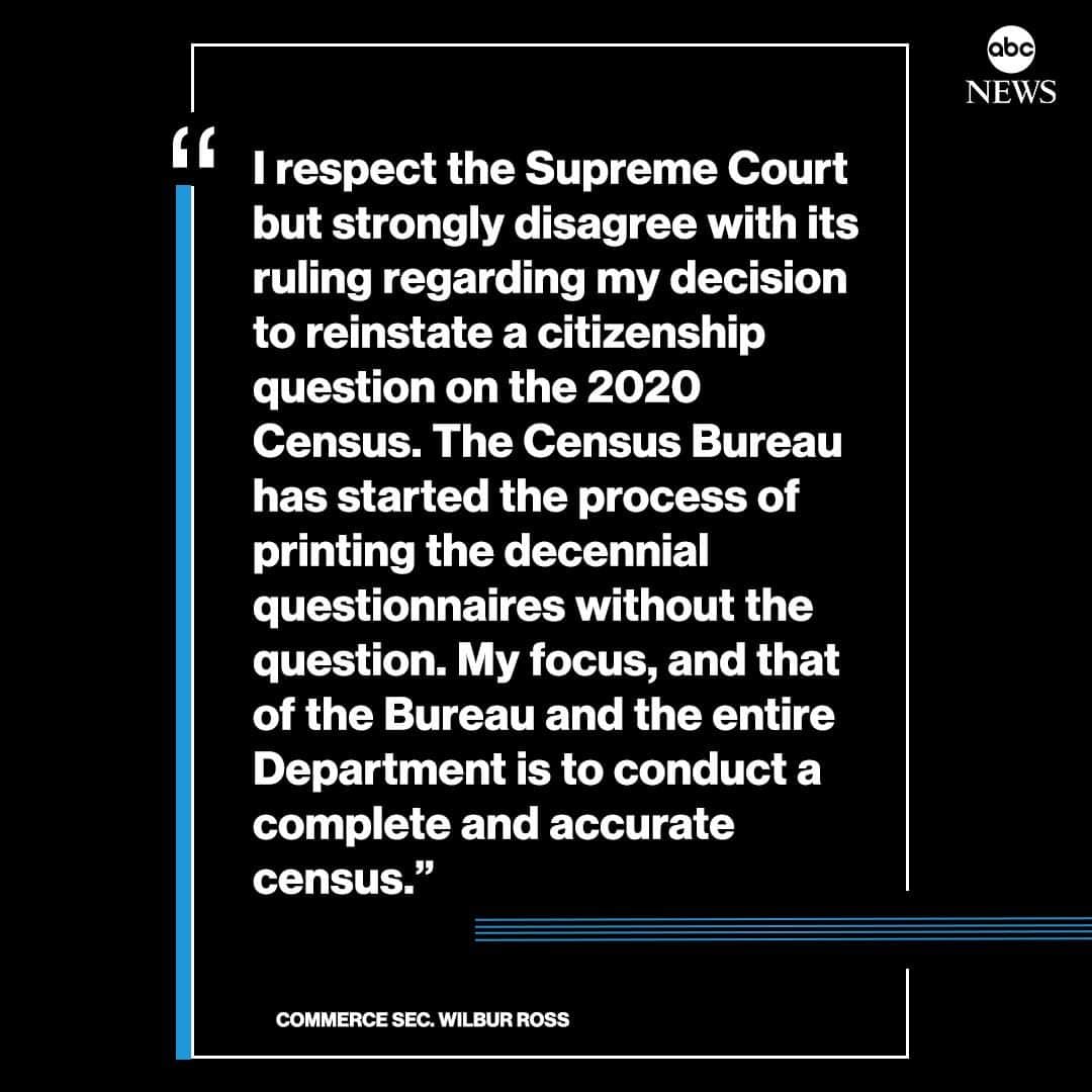 ABC Newsさんのインスタグラム写真 - (ABC NewsInstagram)「BREAKING: Plaintiffs in census case have been informed the 2020 census will be printed without inclusion of a citizenship question, Justice Dept. official confirms to ABC News. "The Census Bureau has started the process of printing the decennial questionnaires without the question," Commerce Sec. Wilbur Ross says. "My focus, and that of the Bureau and the entire Department is to conduct a complete and accurate census.” #census #2020 #donaldtrump #politics」7月3日 6時51分 - abcnews