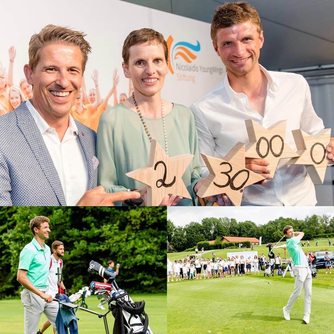 トーマス・ミュラーのインスタグラム：「What a fantastic result on the end of a great day of golf for a very good cause: 230.000 € for @nicolaidisyoungwingsstiftung 👏👌😀🏌🏾‍♂️ #youngwings #esmuellert #charity #golftournament #thomasmüller」