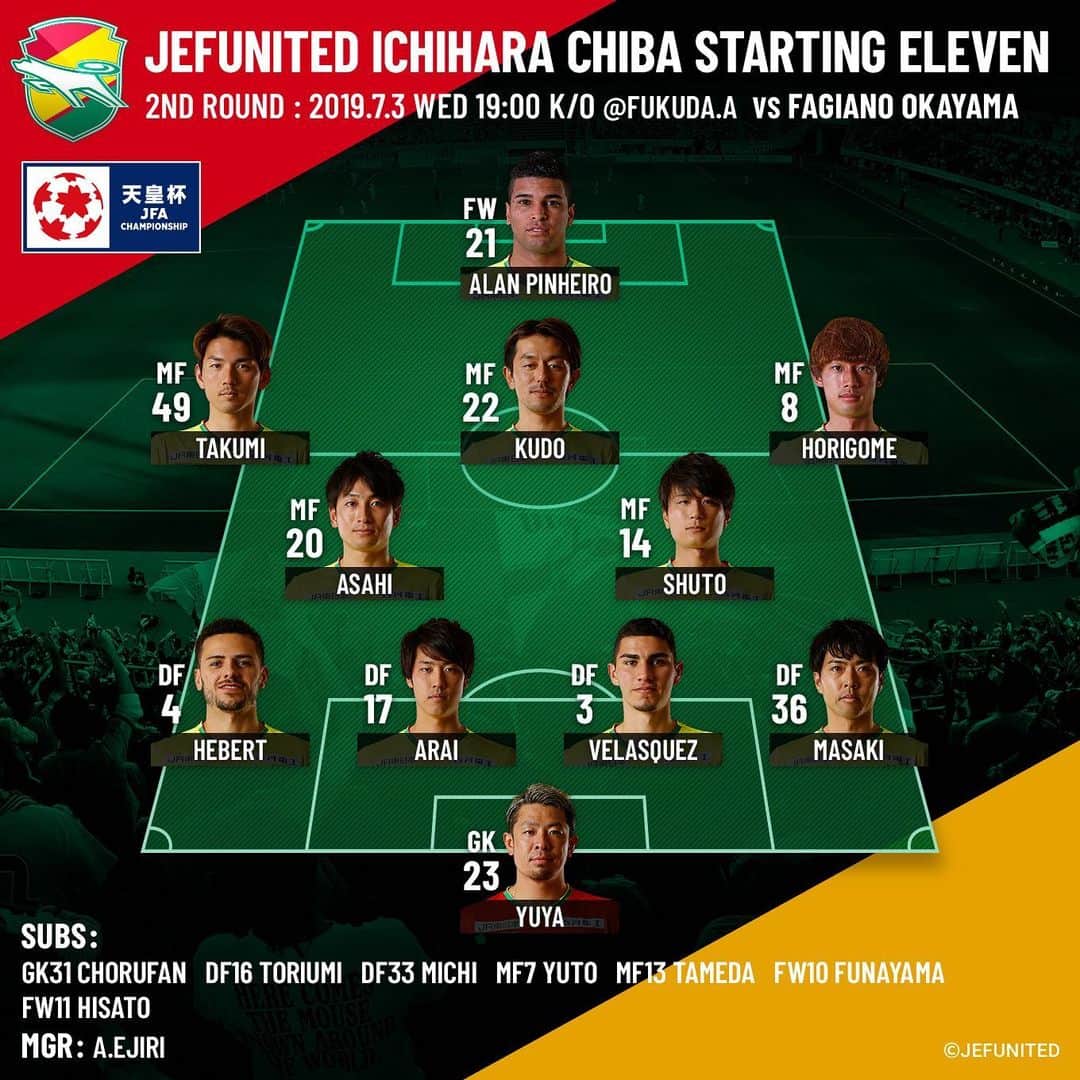 ジェフユナイテッド市原・千葉のインスタグラム：「‪EMPEROR'S CUP JFA 99TH‬ ‪vs FAGIANO OKAYAMA‬ ‪JEFUNITED STARTING Ⅺ‬ ‪#jefunited  #ジェフ千葉  #天皇杯‬ #99回 #2回戦 #JFA」