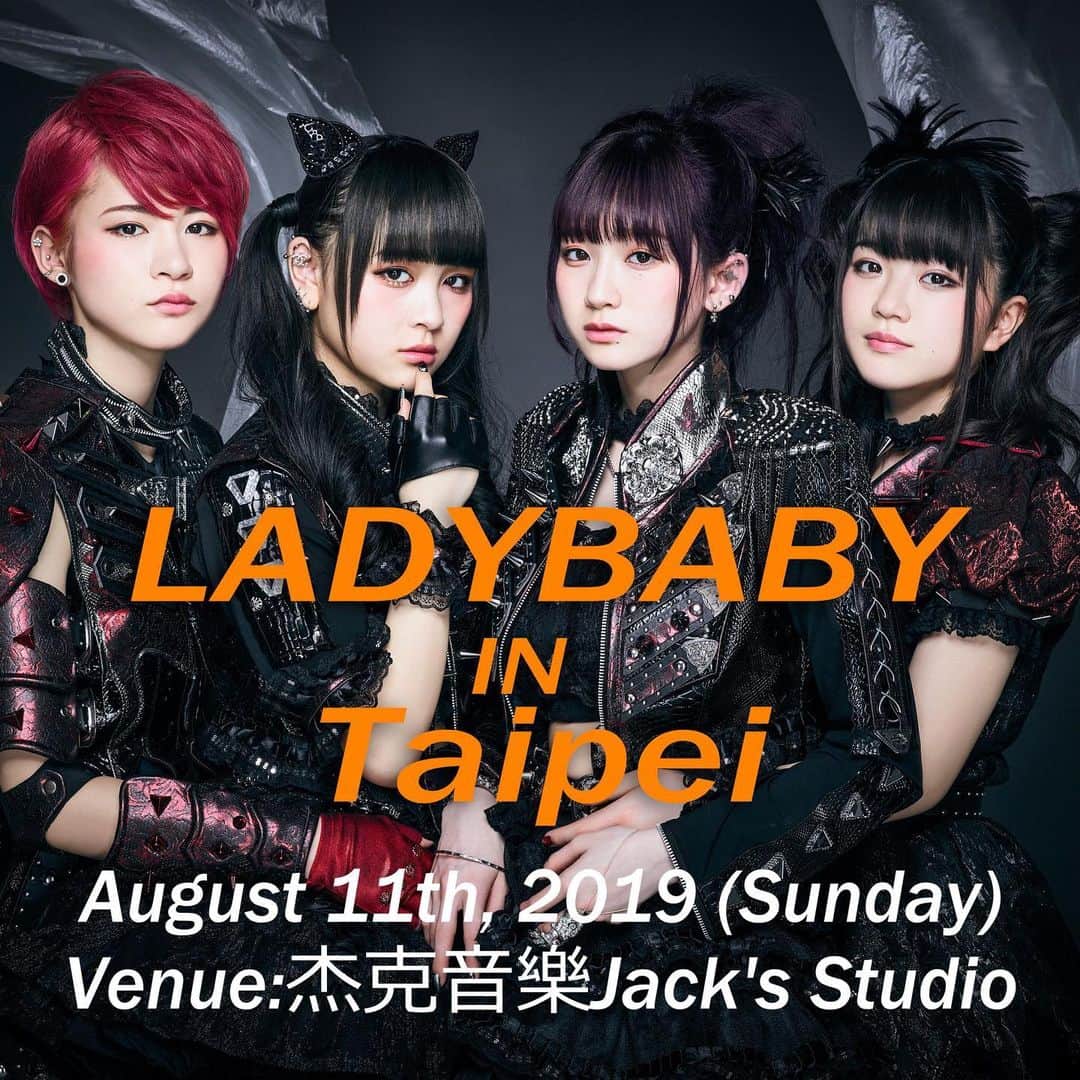 LADYBABYのインスタグラム：「LADYBABY is coming to Taiwan！ ”Ride The Lightning TOUR 2019 in Taipei ”  August 11th, 2019 (Sunday) Open 18:30 / Start 19:00  Venue: Taipei 杰克音樂JACK-STUDIO 168（台北市萬華區昆明街76號B1） https://jackbig8.webnode.tw/） 【TICKET】 （Taiwan）https://www.accupass.com/go/LADYBABYxSakigake） Presale：1000TWD Day of： 1100TWD （Japan）https://l-tike.com/st1/ladybaby-taipei） 前売3500YEN」