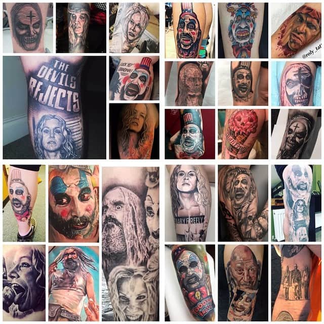 ロブ・ゾンビのインスタグラム：「Can you spot the THREE FROM HELL tattoo among this selection of 1000 Corpses and Rejects tattoos? #threefromhell #thedevilsrejects #houseof1000corpses #robzombie #sherimoonzombie #billmoseley #sidhaig #karenblack #drsatan」