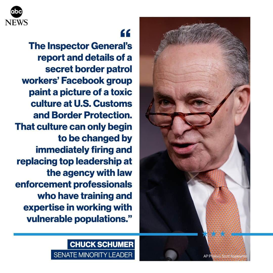 ABC Newsさんのインスタグラム写真 - (ABC NewsInstagram)「NEW: Sen. Chuck Schumer calls for CBP leaders to be fired over "toxic culture" after revelation of secret Facebook group in which border patrol agents purportedly posted "racist, sexist and xenophobic" material disparaging lawmakers and immigrants. #chuckschumer #donaldtrump #immigration #border」7月4日 2時11分 - abcnews