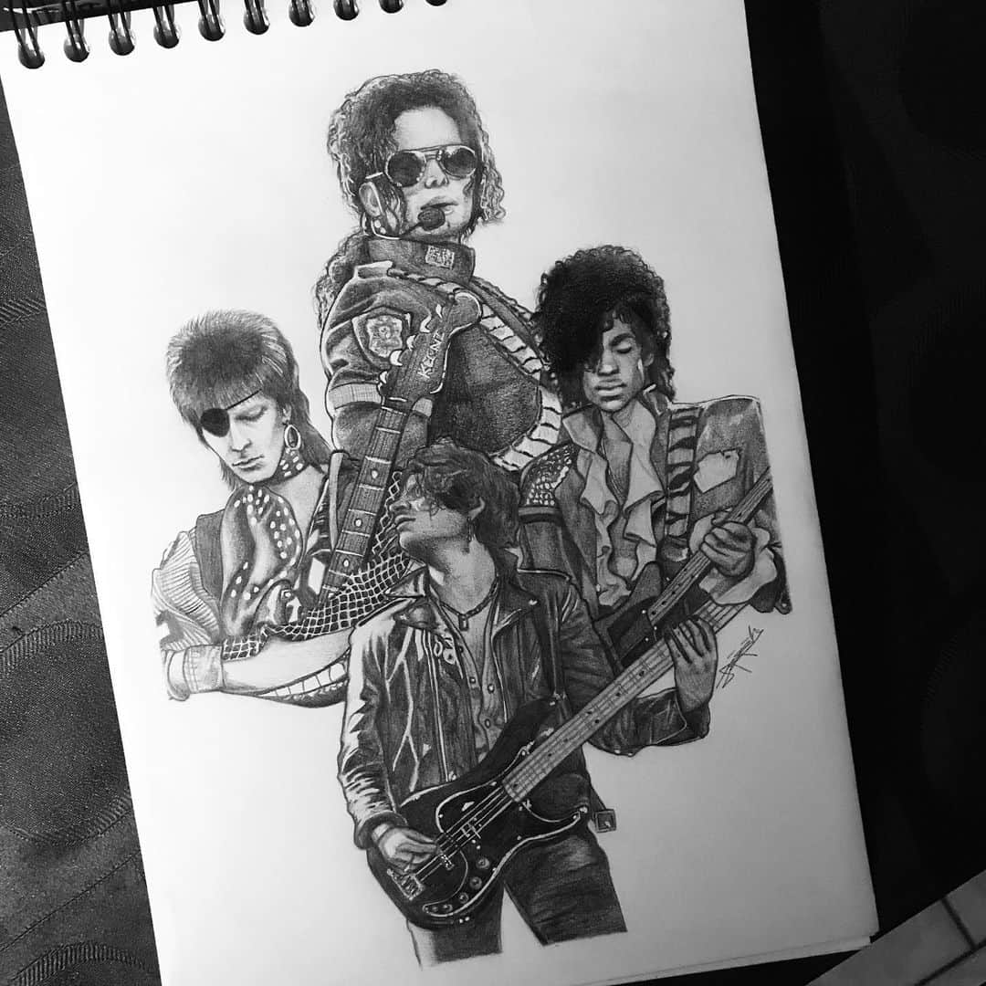 のインスタグラム：「This is so cool! Absolutely amazing drawing by @next_drawings thank you for putting me in the same picture as my heroes! 🌌🌌 @nextcityband #davidbowie #bowie #prince #michaeljackson」