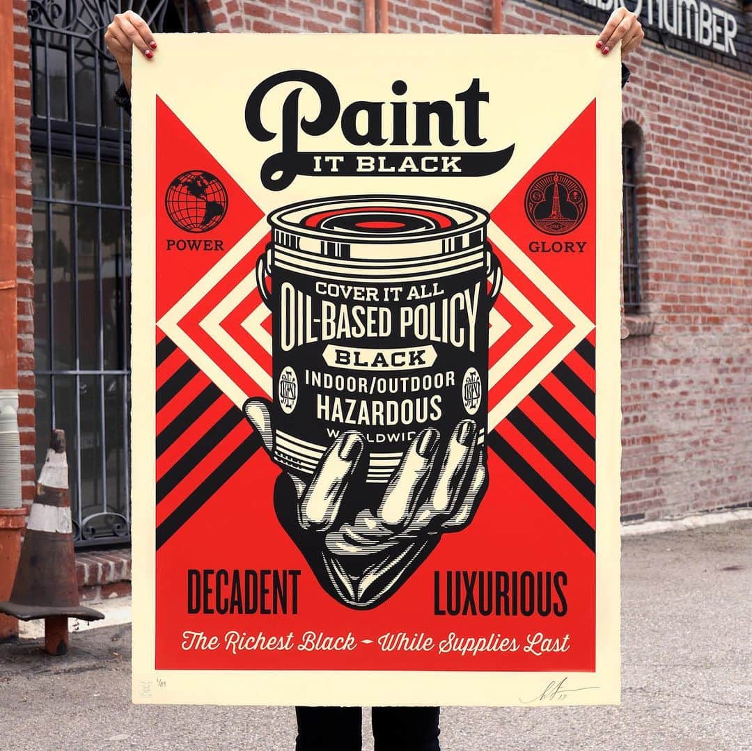 Shepard Faireyさんのインスタグラム写真 - (Shepard FaireyInstagram)「PAINT IT BLACK AVAILABLE TUESDAY, JULY 9TH!⁠⠀ ⠀⠀⠀⠀⠀⠀⠀⠀⠀﻿⁠⠀ According to co-curator of "Facing the Giant: Three Decades of Dissent," Pedro Alonzo: This sinister hand offering a can of black paint refers to the oil industry's common use of misinformation to deny humanity's impact on climate change. The artist Shepard Fairey signals the oil industry's lobbyists and public relations campaigns used to maintain positive public opinion of fossil fuels in spite of the devastating effects of carbon emissions on the environment. Fairey suggests that the oil industry is willing to paint the world black with oil spills to extract as much crude oil as possible cheaply. The artwork evokes new coverage of the 1989 Exxon Valdez spill in Alaska and the 2010 BP spill in the Gulf of Mexico, environmental catastrophes that were caused by human error, poor oversight, and cost-cutting. The words "Decadent" and "Luxurious" remind us that the continued extraction and use of oil is a luxury humanity cannot afford.⁠⠀ ⠀⠀⠀⠀⠀⠀⠀⠀⠀﻿⁠⠀ Fairey's practice is abundant with references to popular culture, a strategy employed to create artworks that are simultaneously accessible and thought-provoking. The title, "Paint It Black" references the 1966 song by the Rolling Stones that deals with depression due to a lost loved one. It presents a bleak worldview of desperation where the entire world is painted black. The artist invites us to ponder issues of environmental devastation due to pollution and carbon emissions.⁠⠀ ⠀⠀⠀⠀⠀⠀⠀⠀⠀﻿⁠⠀ Paint it Black. Serigraph on Coventry Rag, 100% Cotton Custom Archival Paper with hand-deckled edges. 30 x 41 inches. Signed by Shepard Fairey. Numbered edition of 89. Comes with a certificate of authenticity. $900. A portion of proceeds will go to @350org. Available Tuesday, July 9th @ 10 AM PDT at store.obeygiant.com/collections/prints. Max order: 1 per customer/household. *Orders are not guaranteed as demand is high and inventory is limited.* Multiple orders will be refunded. International customers are responsible for import fees due upon delivery.⁣ ALL SALES FINAL.」7月4日 6時47分 - obeygiant